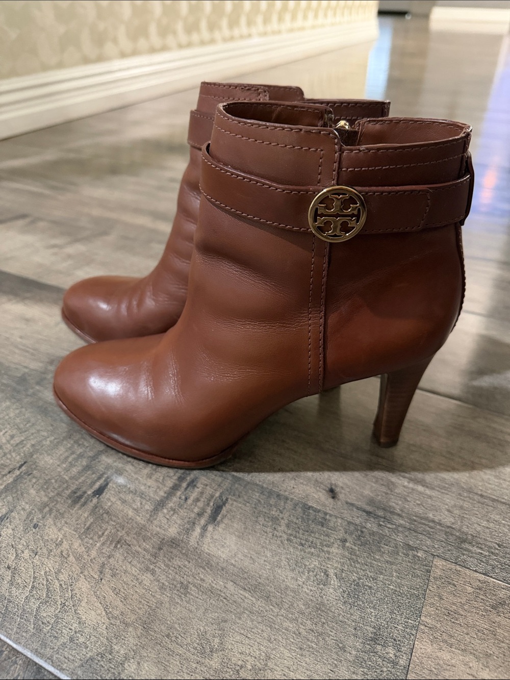 Tory Burch Chestnut Brown Leather Ankle Boot with Gold Logo Accent